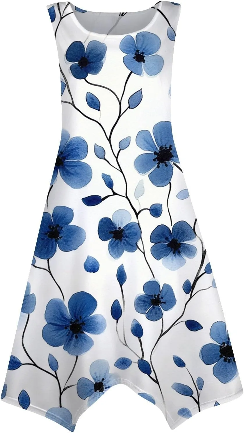 Tank Dress for Women Summer Midi Sleeveless Irregular Hem Plus Size Dress U-Neck Cocktail Dresses A Line with Pockets