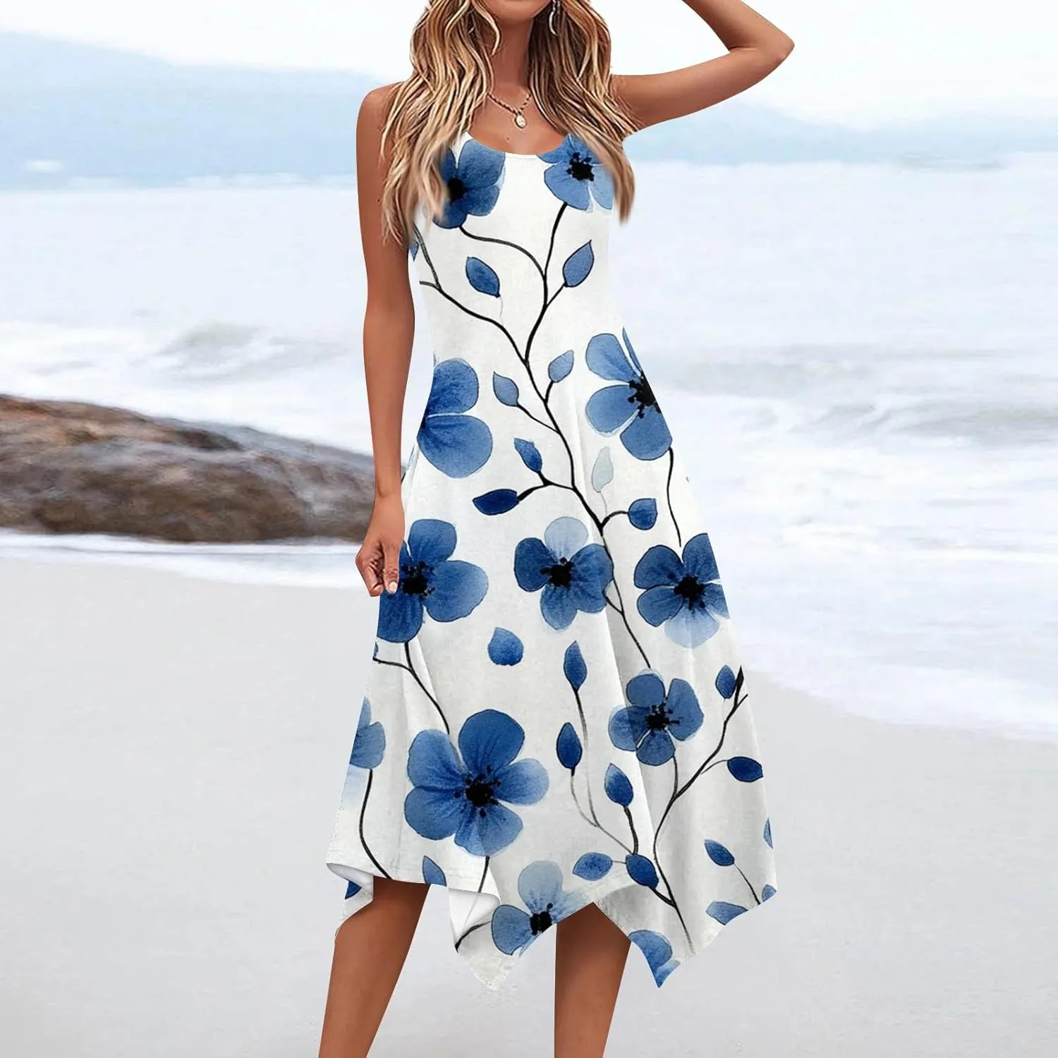 Tank Dress for Women Summer Midi Sleeveless Irregular Hem Plus Size Dress U-Neck Cocktail Dresses A Line with Pockets