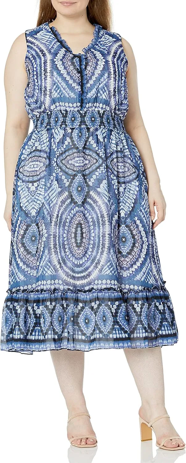 Taylor Women's Plus Size Sleeveless V-Neck Smocked Waist Medallion Print Voile Midi Dress