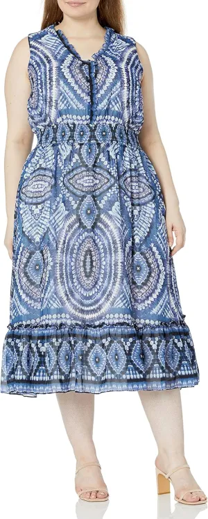 Taylor Women's Plus Size Sleeveless V-Neck Smocked Waist Medallion Print Voile Midi Dress