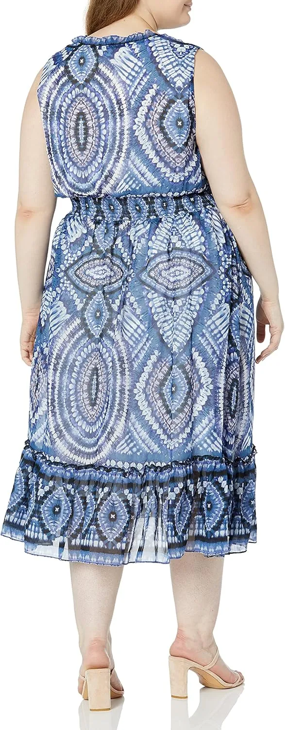 Taylor Women's Plus Size Sleeveless V-Neck Smocked Waist Medallion Print Voile Midi Dress