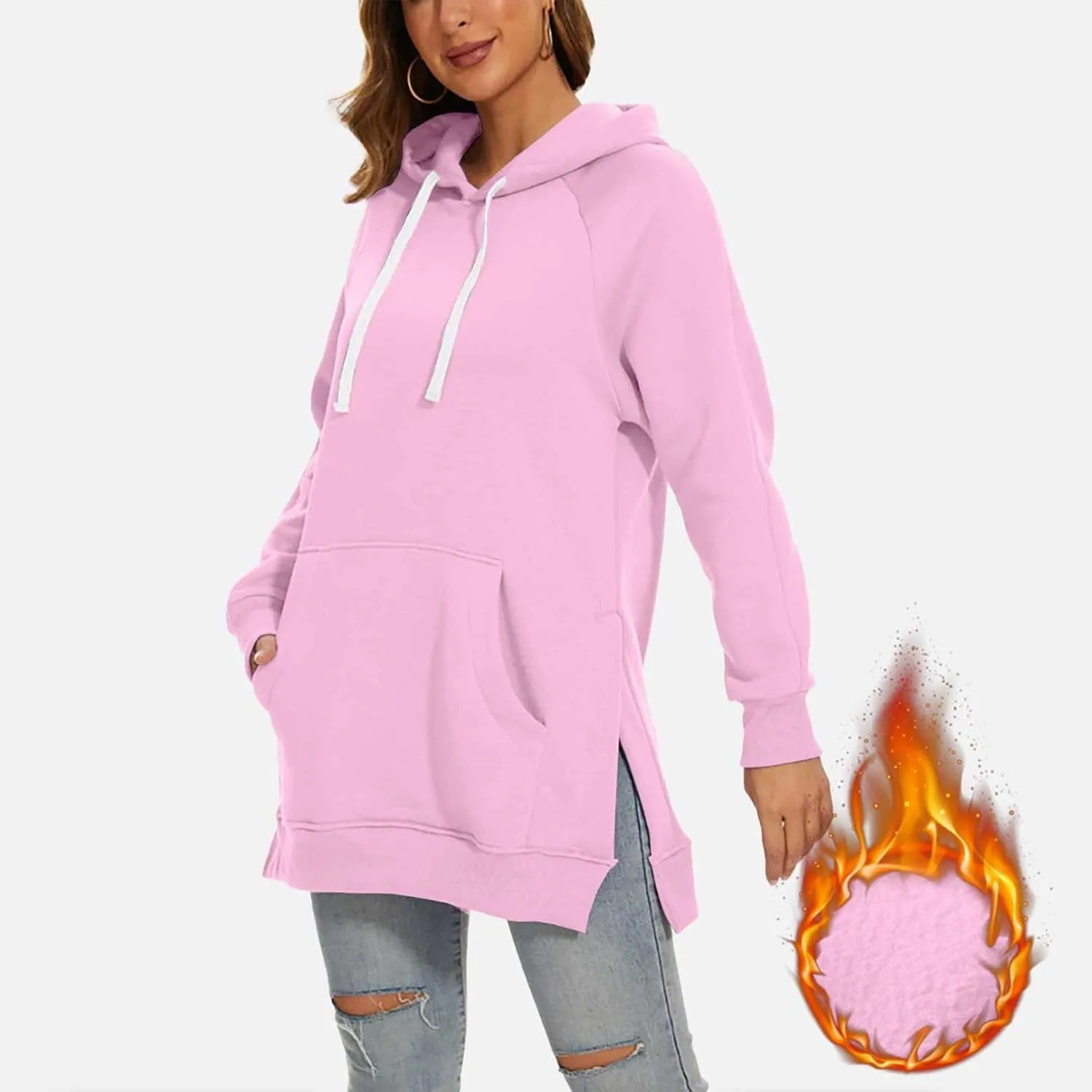 The Warmy Oversized Hoodie Dress for Women Split Hem Pullover Long Sweatshirt with Pocket Valentines Day Gift for Her