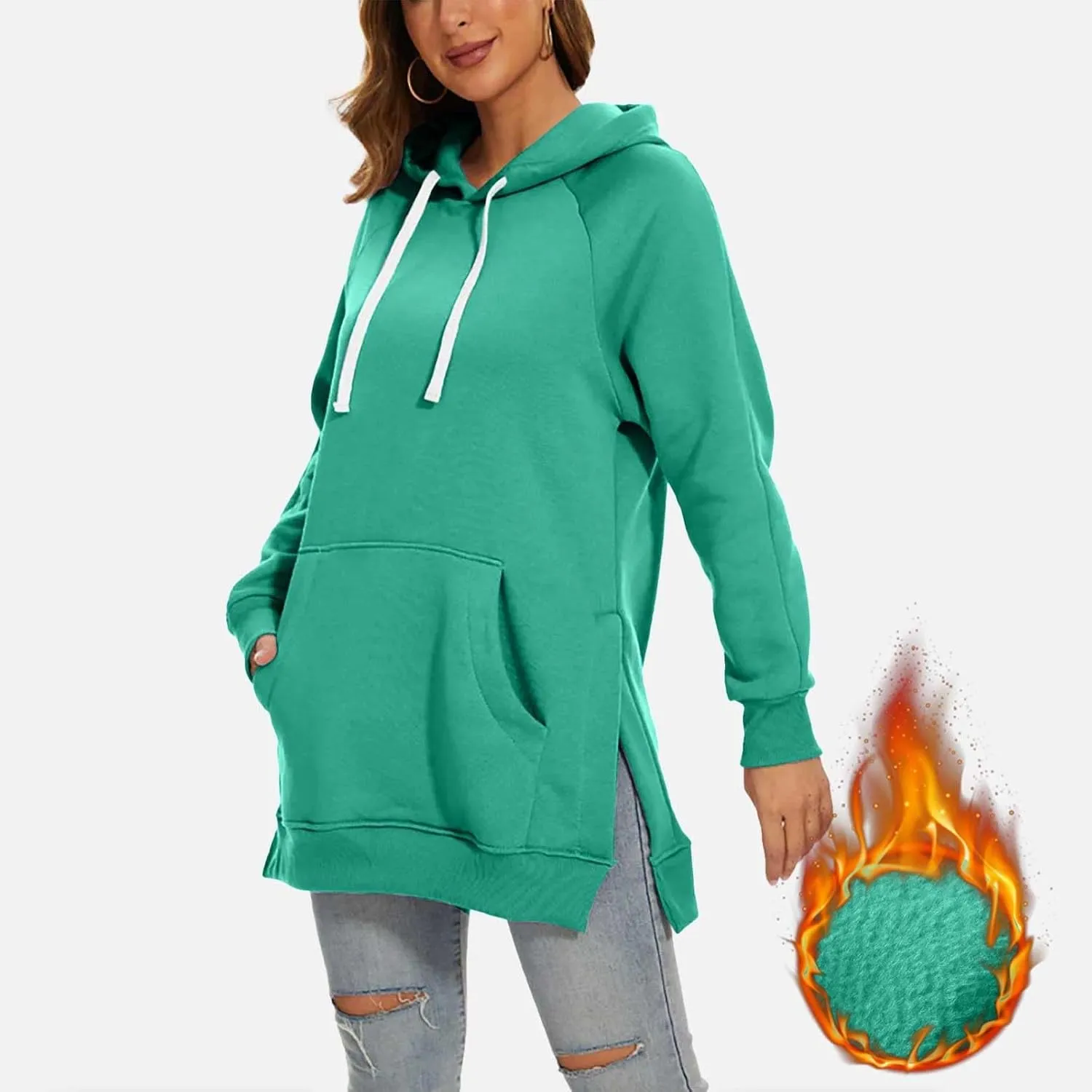 The Warmys Oversized Hoodie Dress, Sherpa Lined Long Sleeve Split Hem Valentines Day Pullover Sweatshirts with Pocket