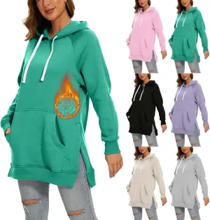 The Warmys Oversized Hoodie Dress, Sherpa Lined Long Sleeve Split Hem Valentines Day Pullover Sweatshirts with Pocket