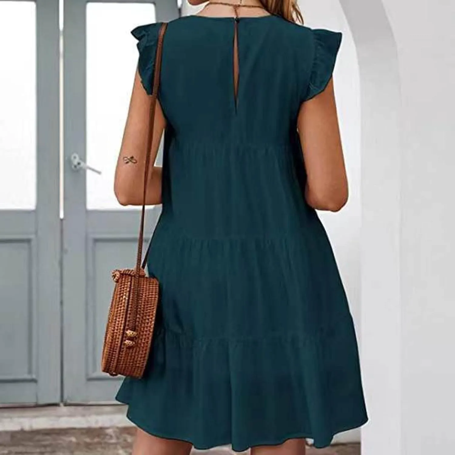 Tiered Dresses for Women Summer Trendy Ruffle Sleeve Mini Dress Casual Loose Flowy Swing Vacation Dresses