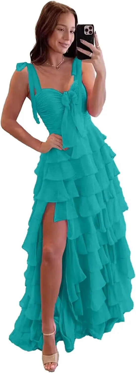 Tiered Spaghetti Strap Chiffon Prom Dress for Teens Sweetheart Prom Dresses for Women Bow Formal Evening Gowns with Split