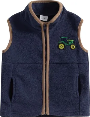 Toddler Boys Winter Fleece Vest Casual Sleeveless Zip Up Tractor Print Vest Jacket Coat with Pockets
