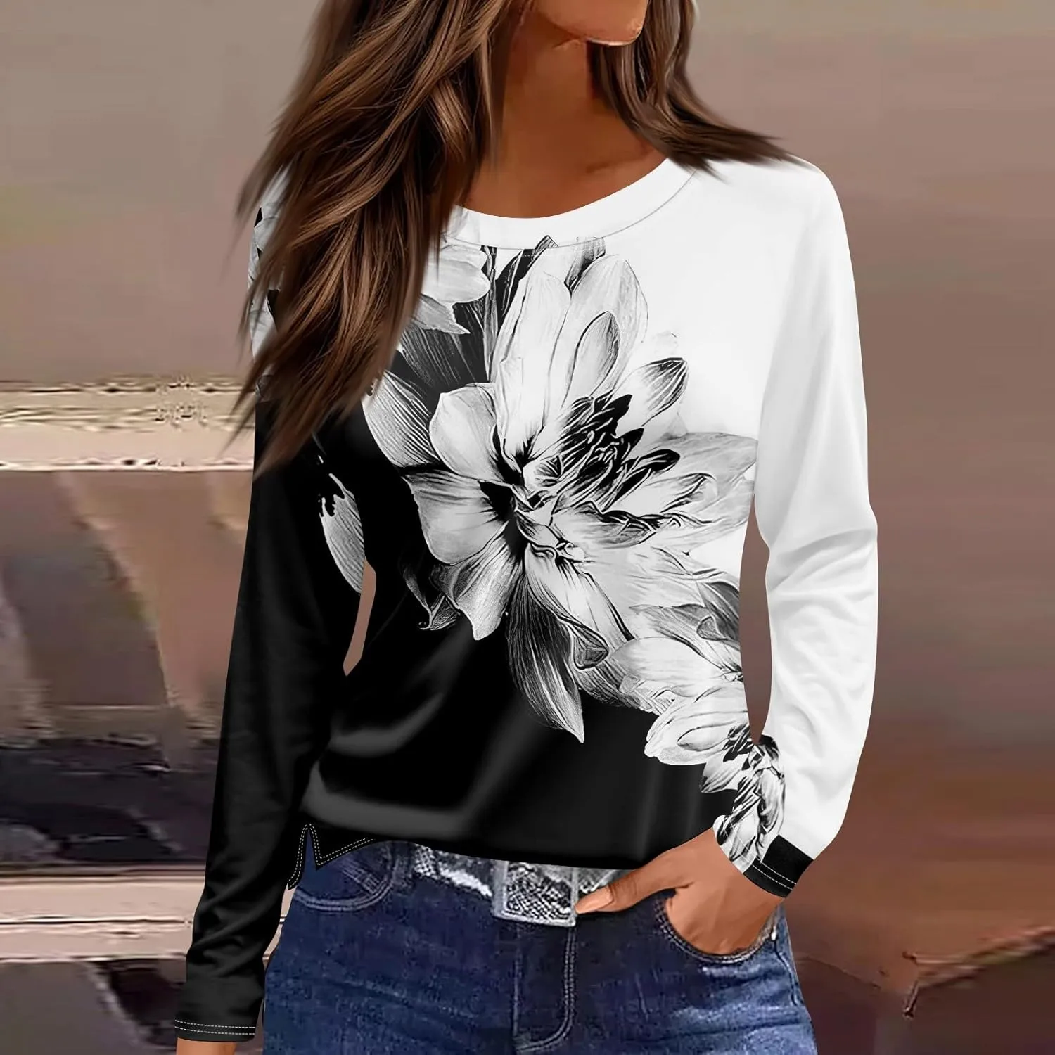 Tops for Women Trendy Long Sleeve Casual Trendy Cute Shirts Blouses Work Round Neck Tunic Basic Loose Fit Clothing