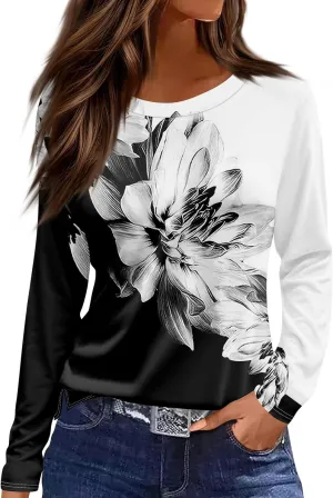 Tops for Women Trendy Long Sleeve Casual Trendy Cute Shirts Blouses Work Round Neck Tunic Basic Loose Fit Clothing
