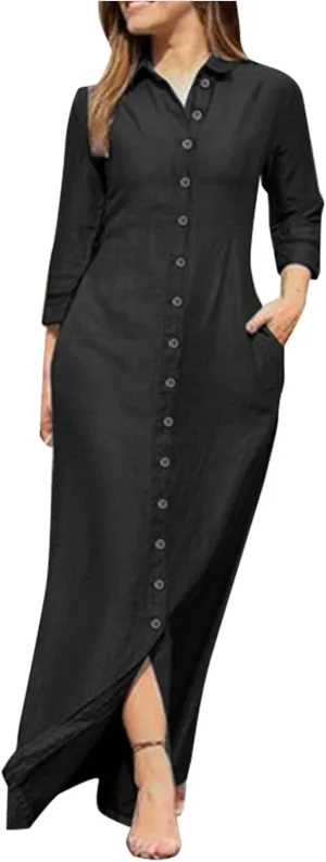 Trendy Button Down Long Sleeve Shirt Maxi Dress Summer Sexy V Neck Plus Size Fall Formal Elegant Casual Long Dress