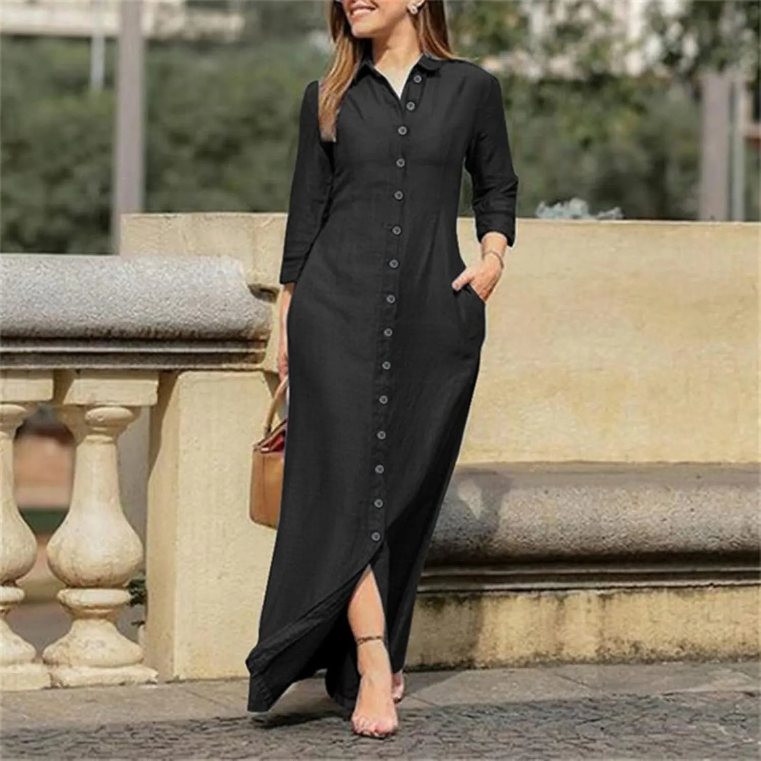 Trendy Button Down Long Sleeve Shirt Maxi Dress Summer Sexy V Neck Plus Size Fall Formal Elegant Casual Long Dress