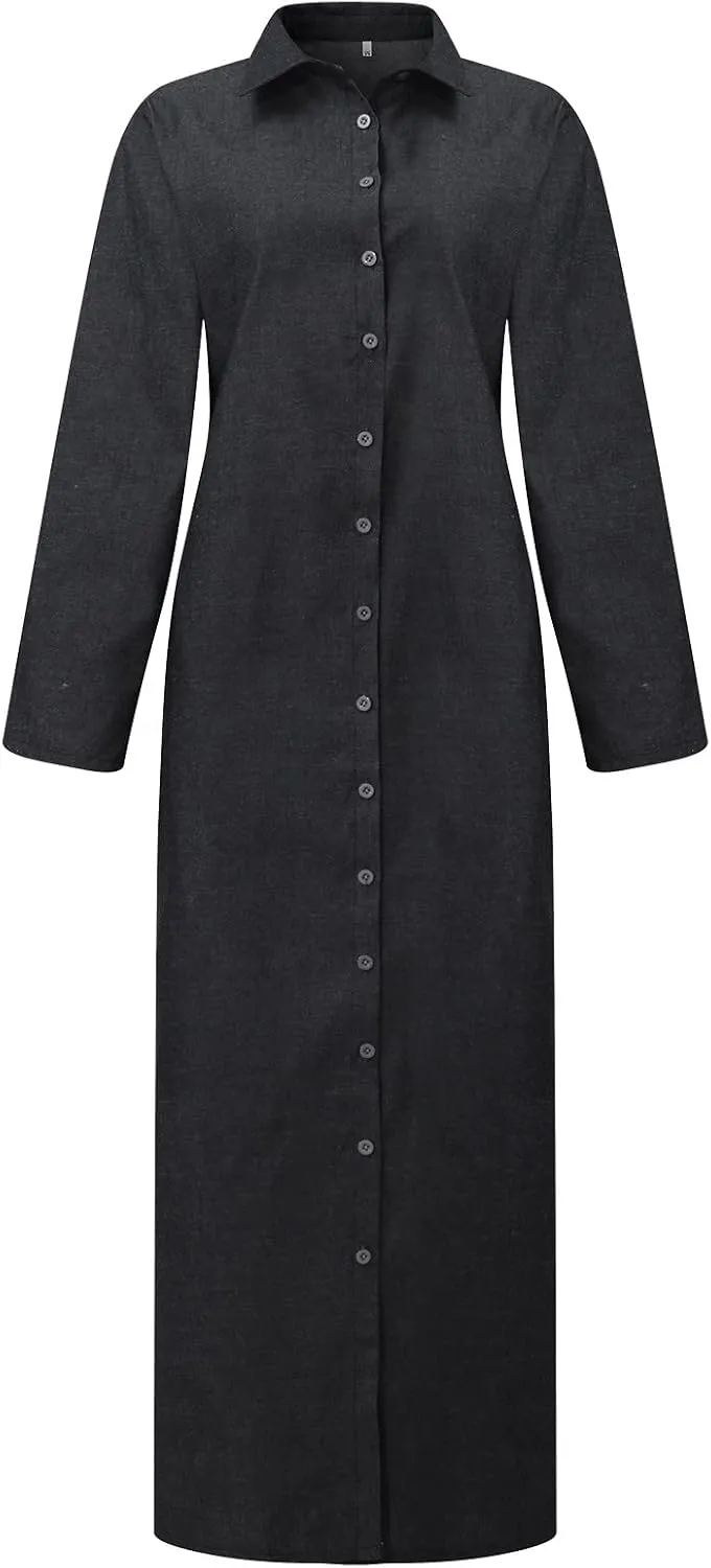 Trendy Button Down Long Sleeve Shirt Maxi Dress Summer Sexy V Neck Plus Size Fall Formal Elegant Casual Long Dress