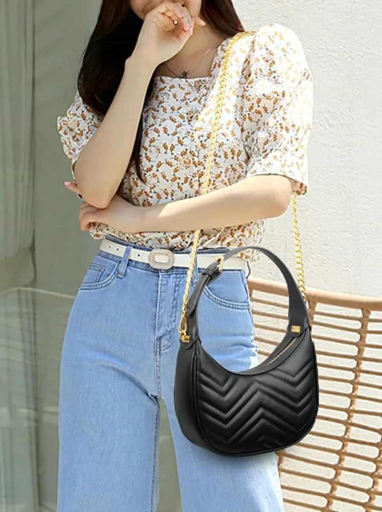 Trendy Handbags for Women Elegant Leather Shoulder Crossbody Bag Crescent Tote Top Handle Purse Satchel with Chain