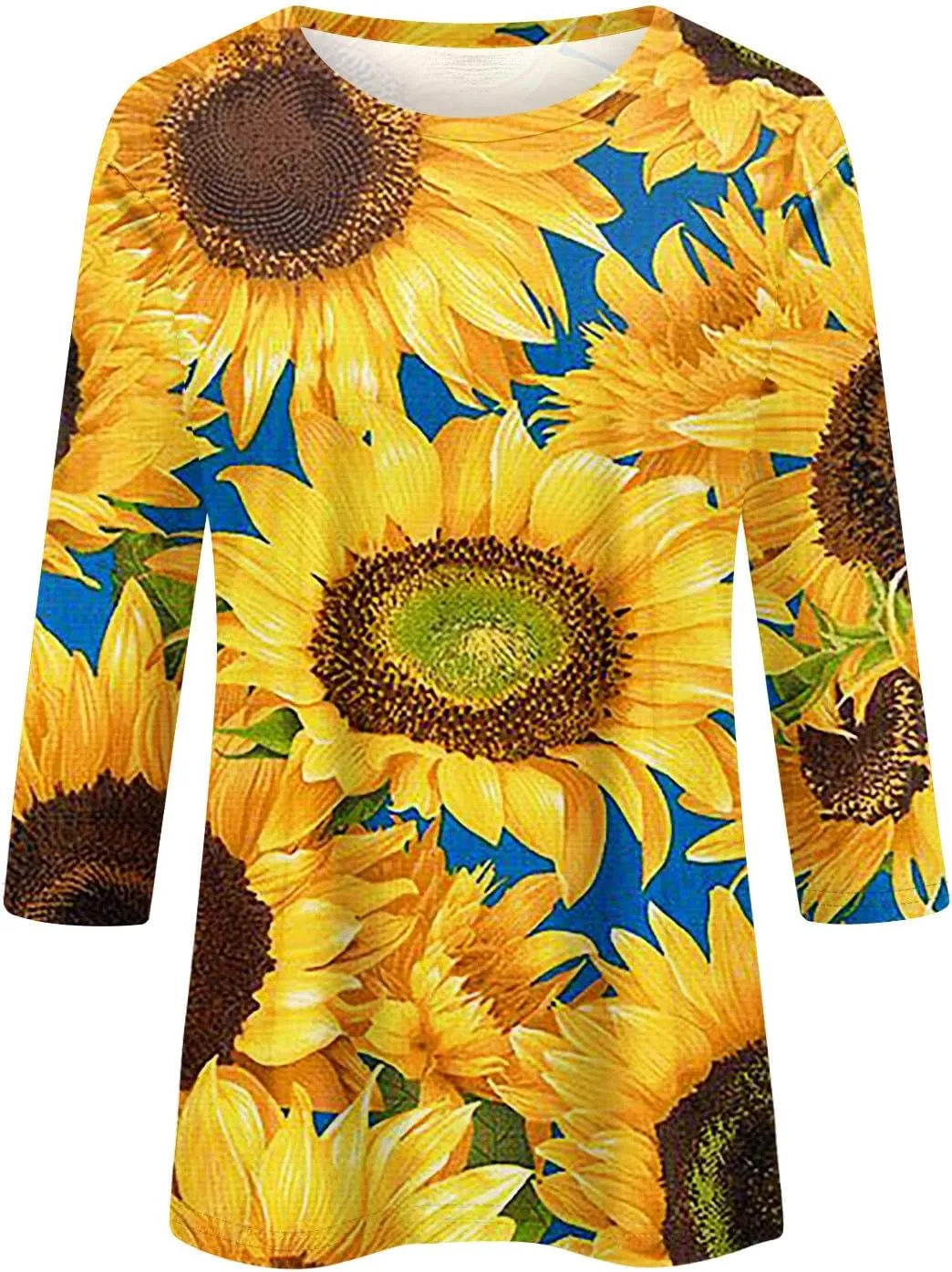 Trendy Tops for Women 2024 3/4 Length Sleeve Crew-Neck T Shirts Flower Printing Loose Casual Blouses