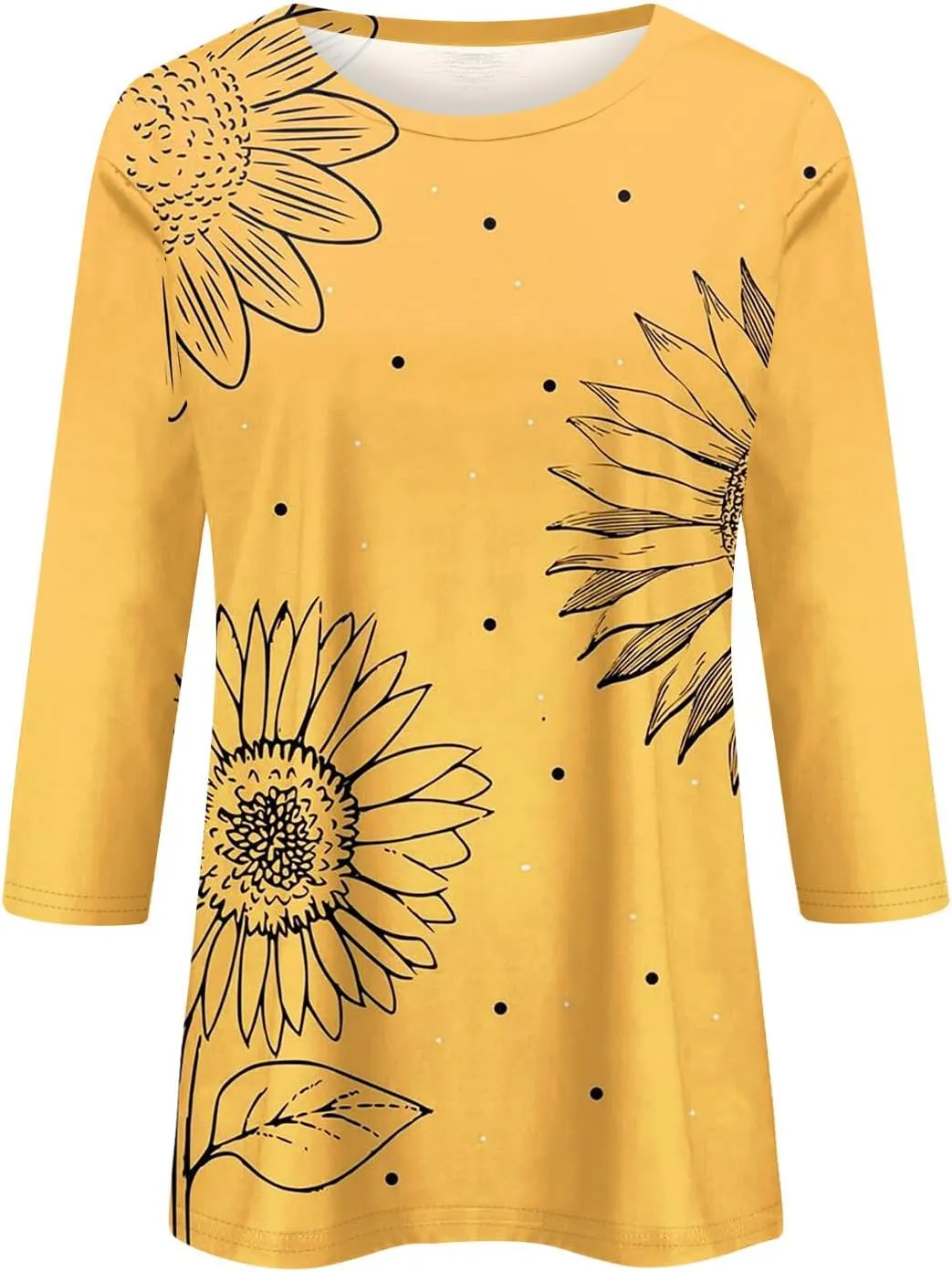 Trendy Tops for Women 2024 3/4 Length Sleeve Crew-Neck T Shirts Flower Printing Loose Casual Blouses