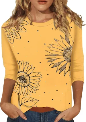 Trendy Tops for Women 2024 3/4 Length Sleeve Crew-Neck T Shirts Flower Printing Loose Casual Blouses