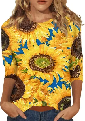 Trendy Tops for Women 2024 3/4 Length Sleeve Crew-Neck T Shirts Flower Printing Loose Casual Blouses