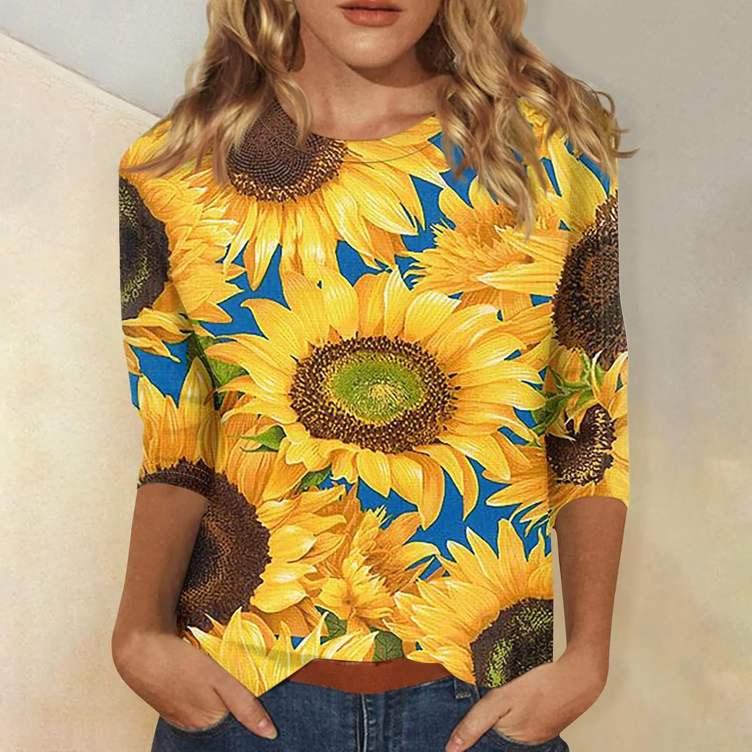 Trendy Tops for Women 2024 3/4 Length Sleeve Crew-Neck T Shirts Flower Printing Loose Casual Blouses