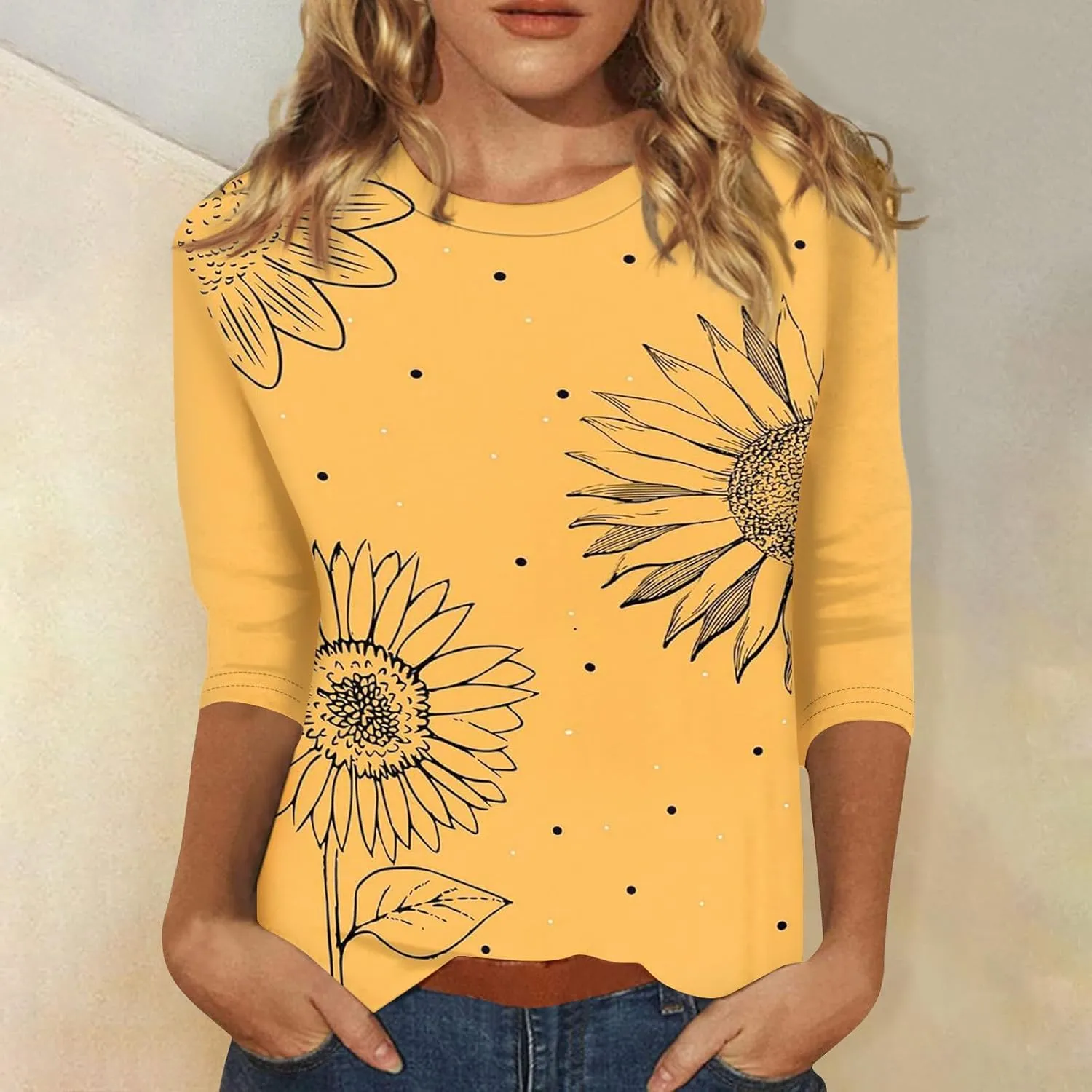 Trendy Tops for Women 2024 3/4 Length Sleeve Crew-Neck T Shirts Flower Printing Loose Casual Blouses