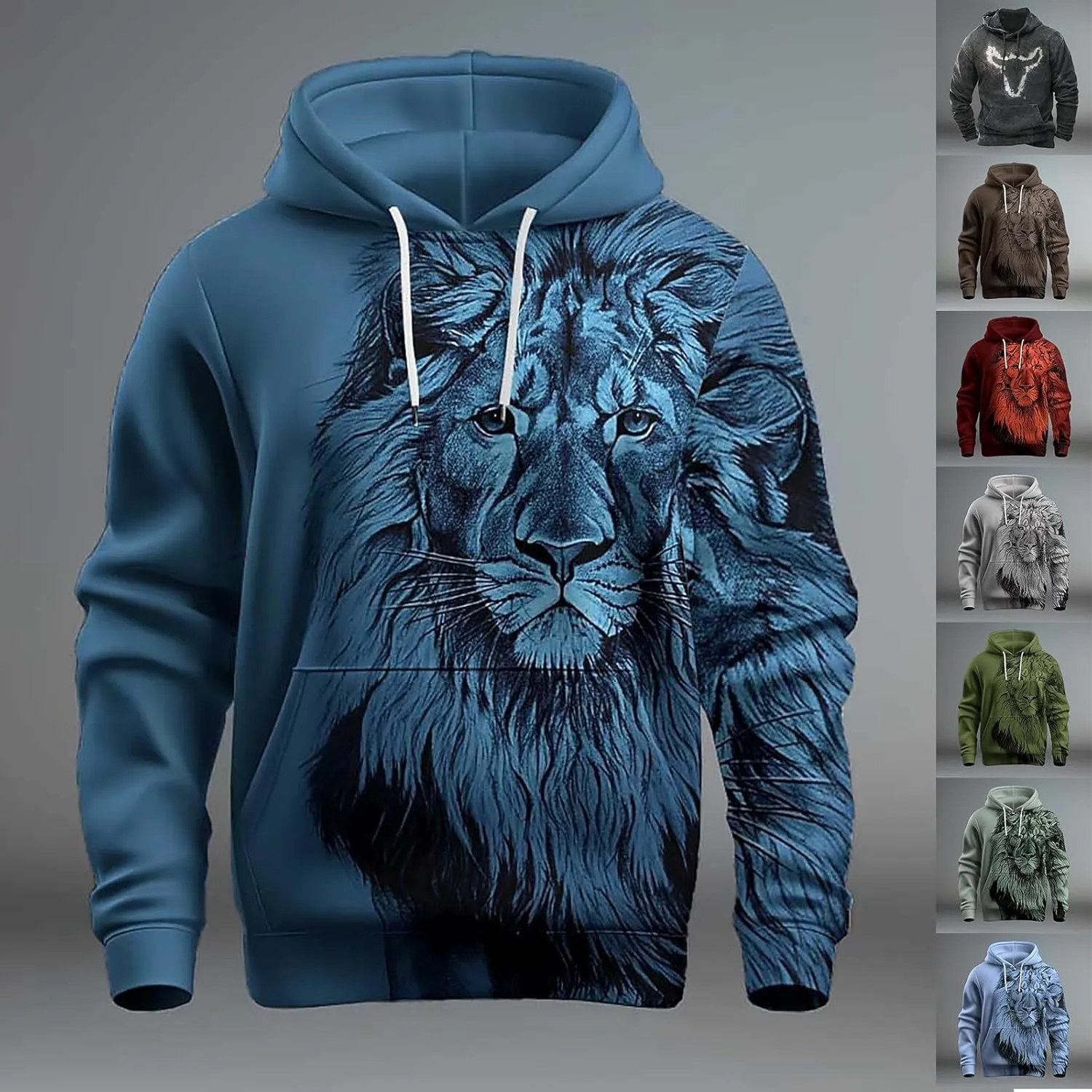 Trendy Workout Hoodies for Men 3D Lion Graphic Drawstring Long Sleeve Hooded Pullover Gym Athletic Casual Sweatshirts