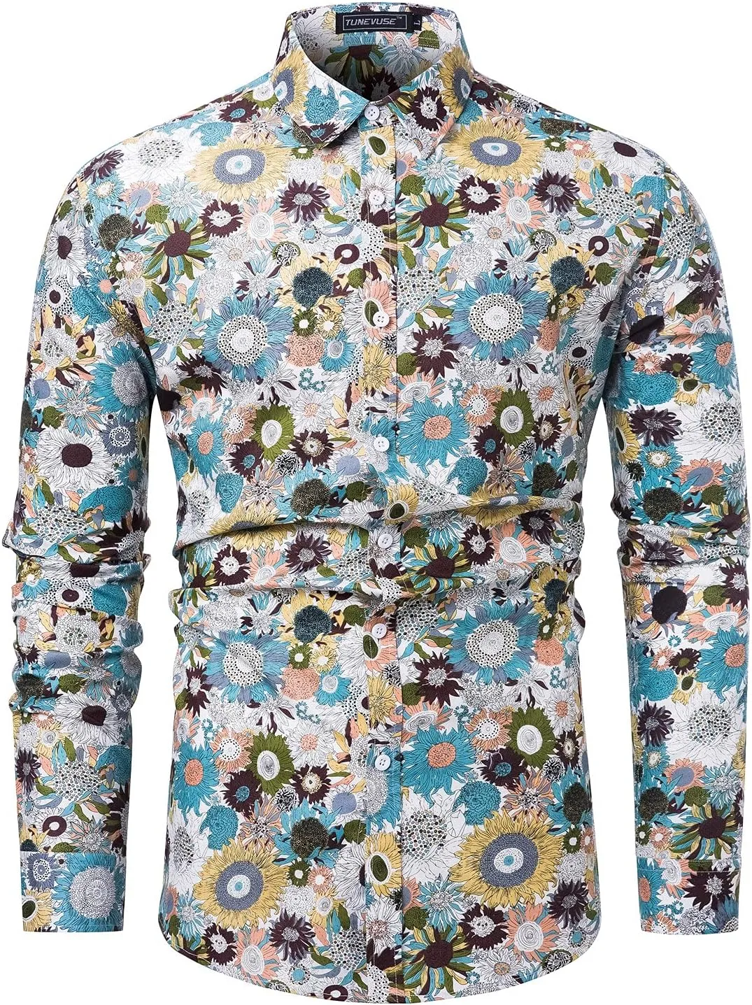 TUNEVUSE Men Floral Dress Shirts Long Sleeve Casual Button Down Flower Printed Shirts 100% Cotton