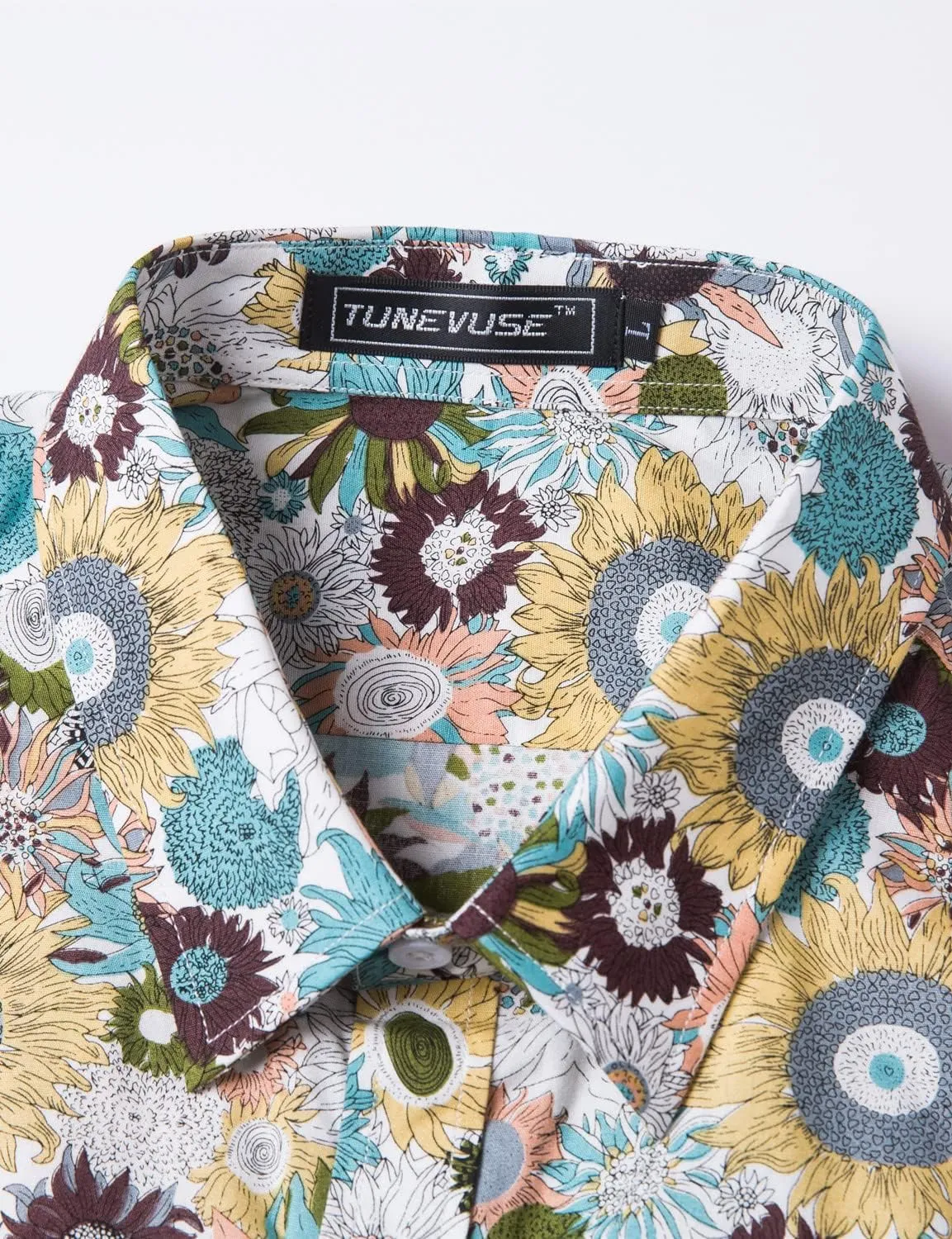 TUNEVUSE Men Floral Dress Shirts Long Sleeve Casual Button Down Flower Printed Shirts 100% Cotton
