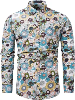TUNEVUSE Men Floral Dress Shirts Long Sleeve Casual Button Down Flower Printed Shirts 100% Cotton