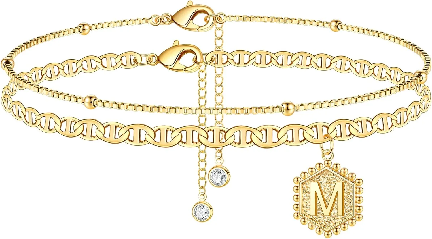 Turandoss Ankle Bracelets for Women Initial Anklet, 14K Gold Plated Handmade Layered Box Chain Flat Mariner Hexagon Anklet Letter Initial Ankle Bracelet for Women Gold Summer Beach Foot Jewelry Gifts