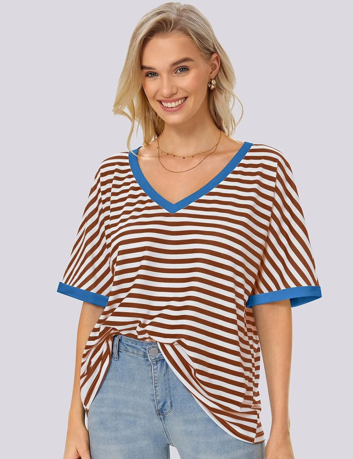 UEU Womens Oversized T-Shirts Summer V Neck Casual Shirts Short Sleeve Workout Tunic Tops