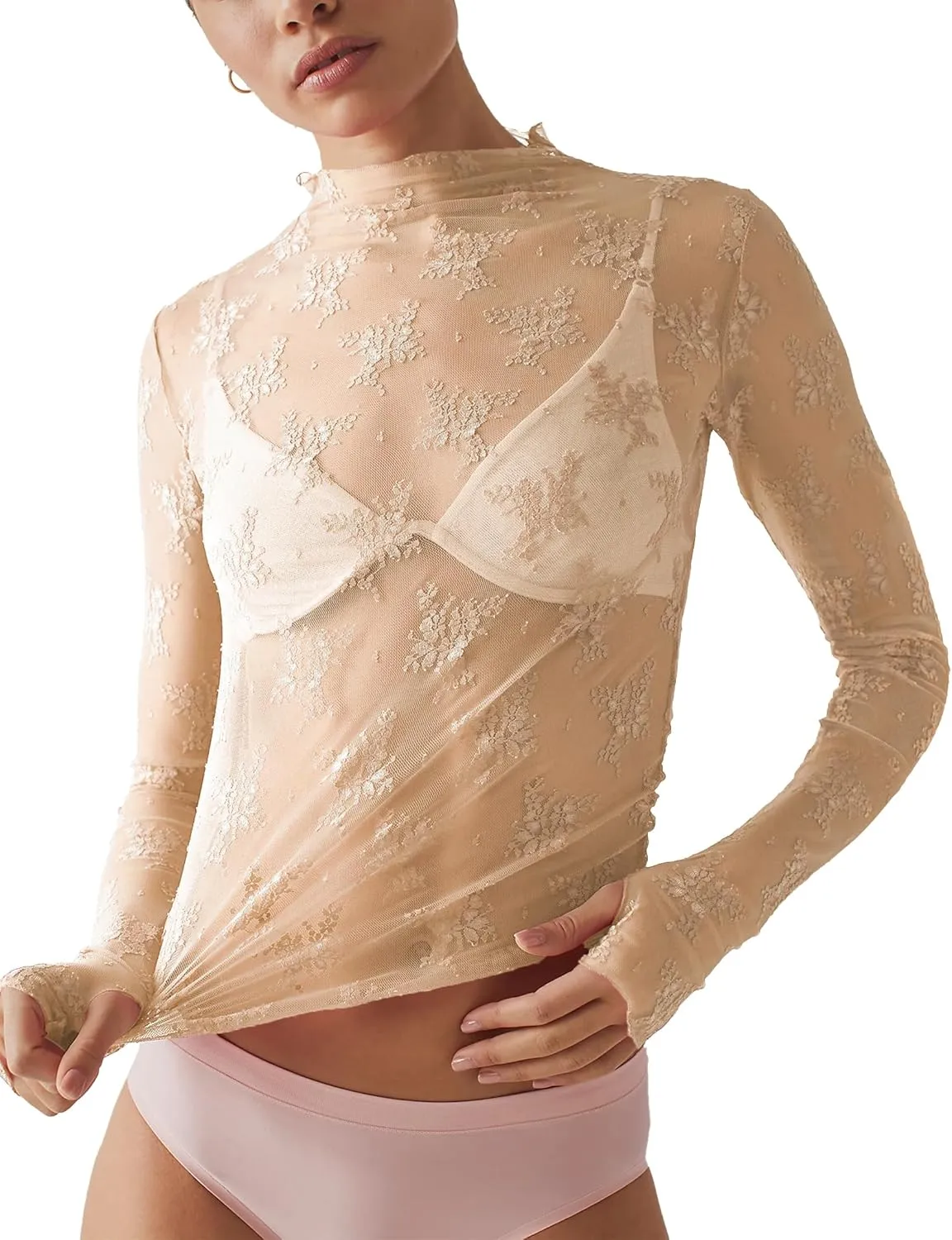 Ugerlov Women's Long Sleeve Mesh Top Mock Neck Sheer Blouse See Through Floral Lace Tops