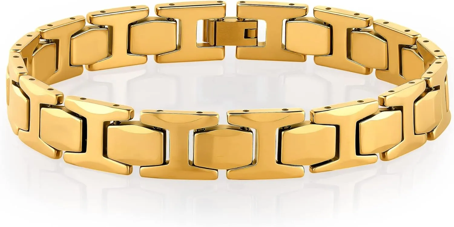 Urban Jewelry Stunning Solid Tungsten Link Bracelet for Men Polished Link, Puzzle, Ceramic Style (Silver, Black, 18K Gold Plated Option)