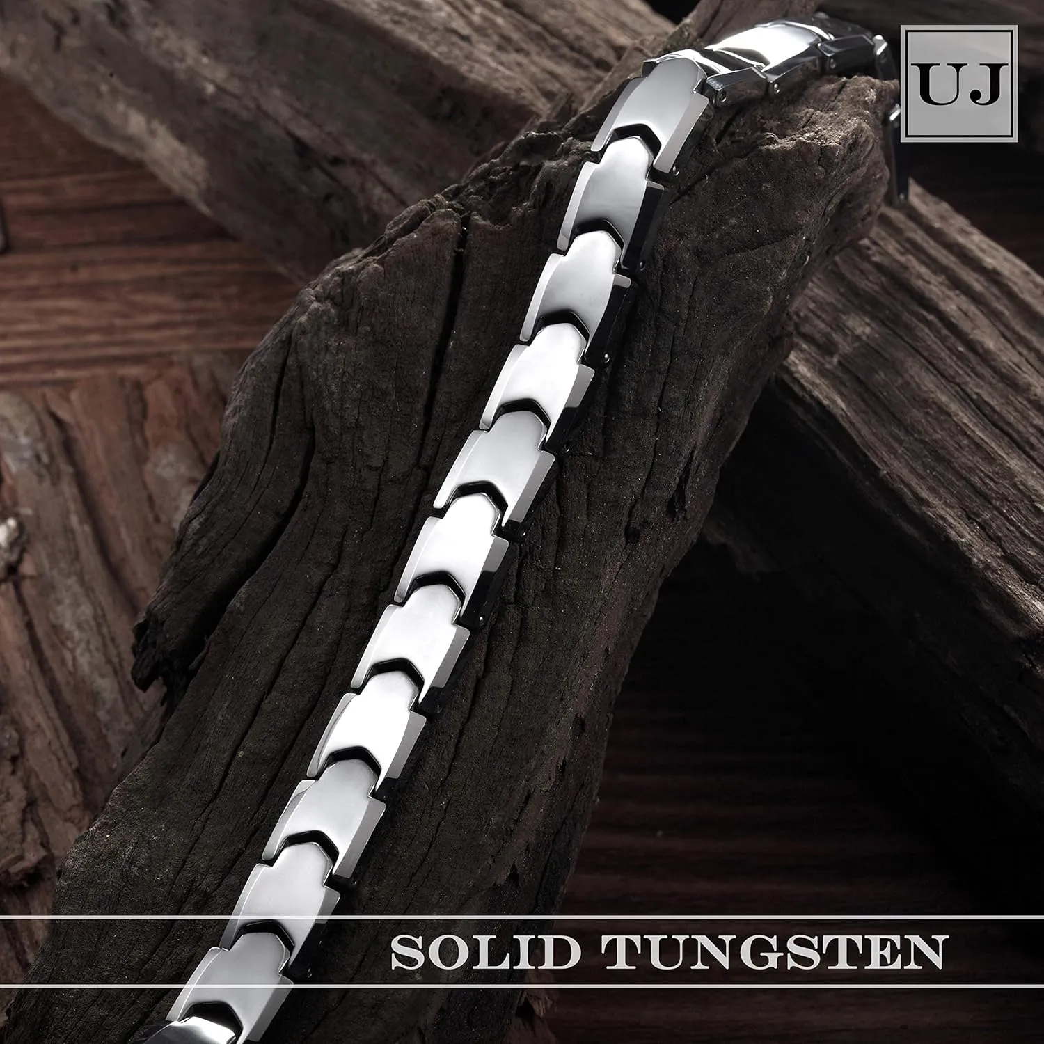 Urban Jewelry Stunning Solid Tungsten Link Bracelet for Men Polished Link, Puzzle, Ceramic Style (Silver, Black, 18K Gold Plated Option)