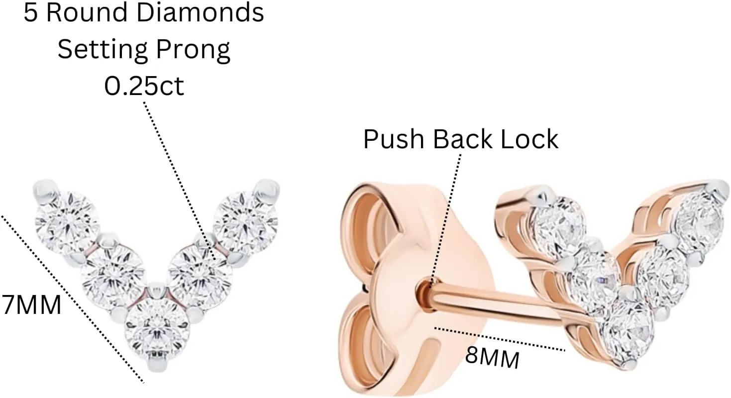 V Letter Diamond (0.50ct) Stud Earring, 14k Gold Tiny V Shaped Stud, Geometric Earring, Cute s Stud Earring, Gift For Her.