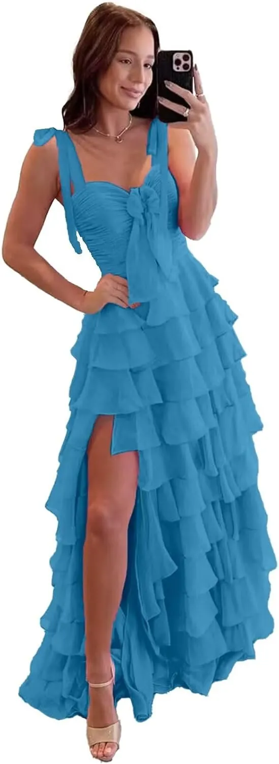 V Neck Tiered Chiffon Prom Dress for Teens Ruffle Prom Dresses for Women Women's A Line Formal Evening Gowns with Slit