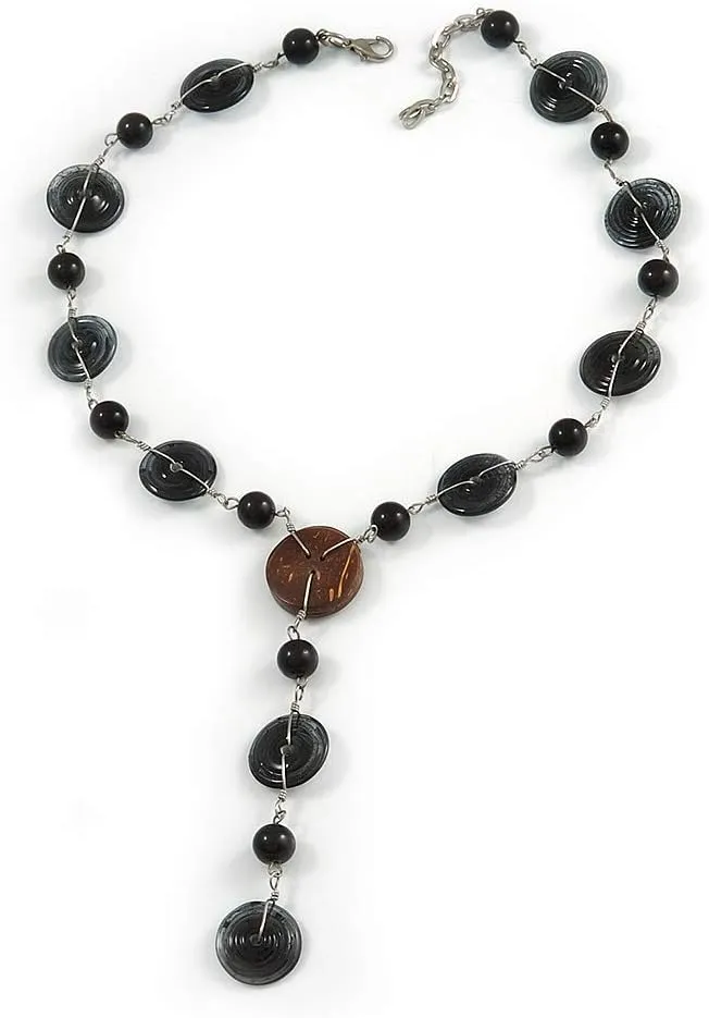 V Shape Glass and Ceramic Bead with Silver Tone Link Necklace - 44cm L/ 5cm Ext/ 12cm Front Drom