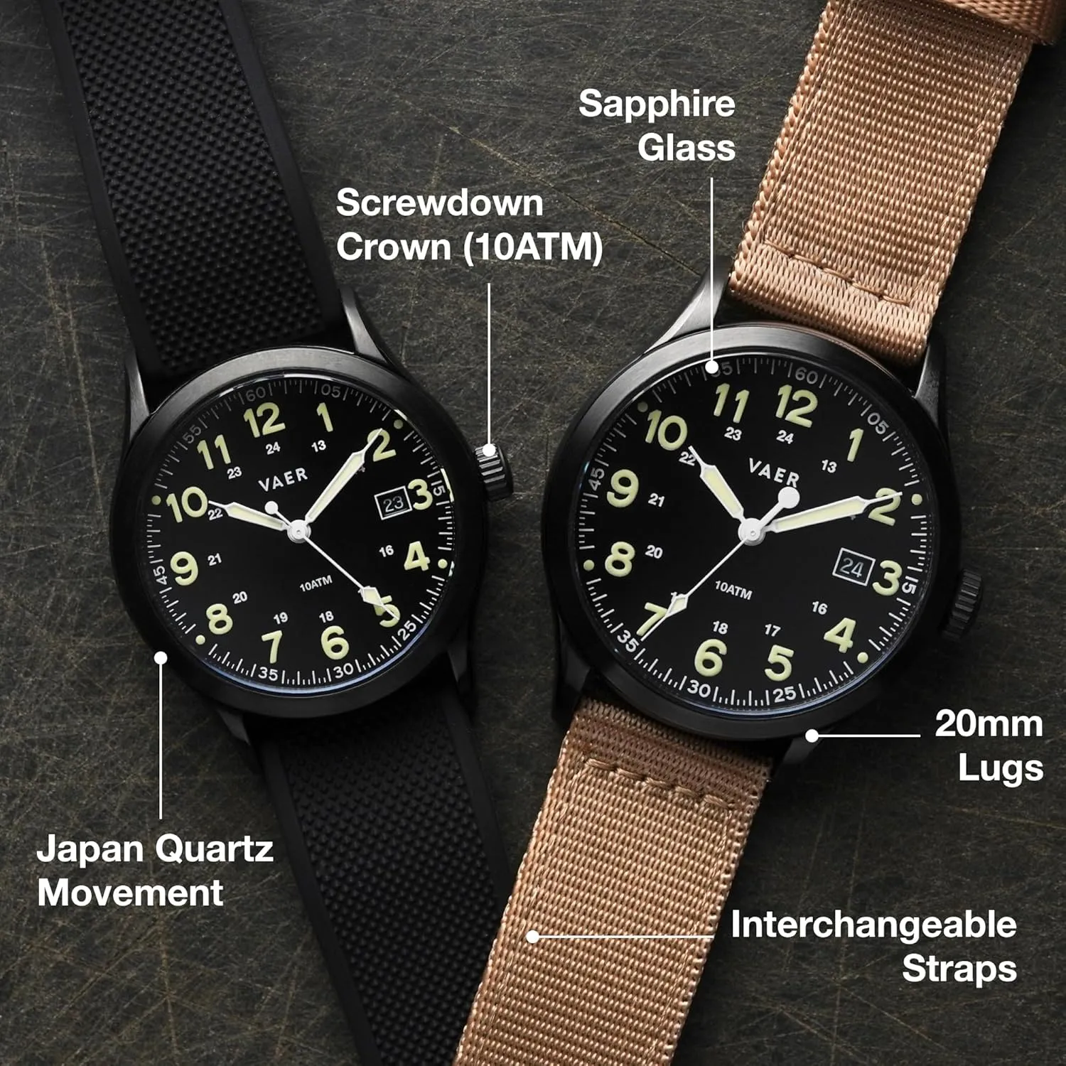 Vaer Mens Field Watch, Quartz Movement for Accurate Timing, Scratch Resistant Sapphire Crystal, Locking Screw-Down Crown, Iconic Replica of The A-11 Military Watch for Men of WW2 - Gift Set for Men