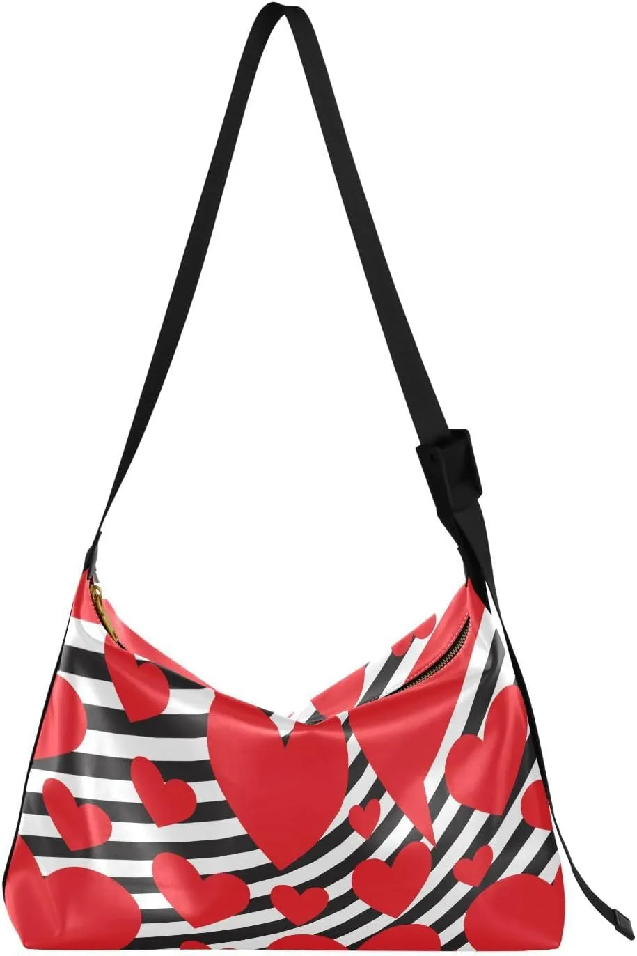 Valentine's Red Hearts Hobo Crossbody Bags for Women Leather Large Shoulder Bag Cross Body Black Stripes Trendy Womens Tote Bags Handbag for Travel Shopping