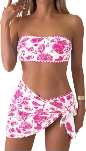 Verdusa Women's 3 Piece Floral Strapless Bikini Set Backless Bandeau Swimsuits with Cover Up Skirt