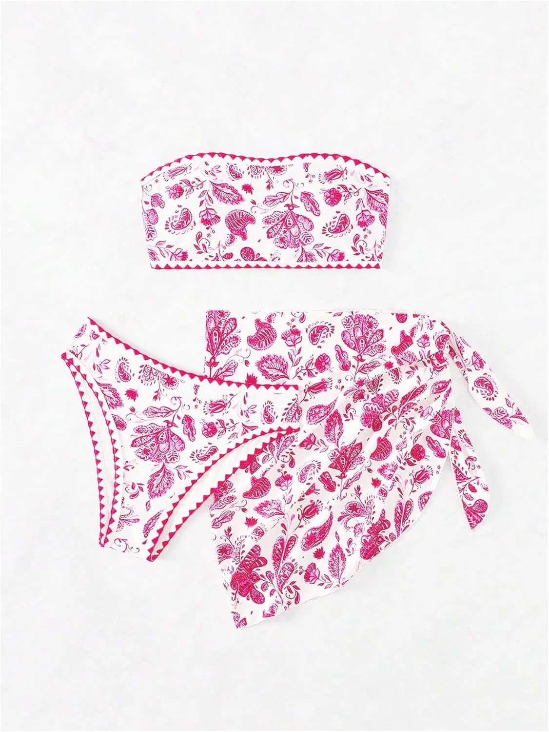Verdusa Women's 3 Piece Floral Strapless Bikini Set Backless Bandeau Swimsuits with Cover Up Skirt
