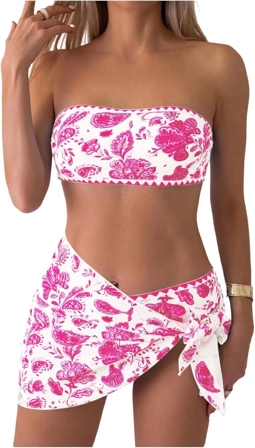 Verdusa Women's 3 Piece Floral Strapless Bikini Set Backless Bandeau Swimsuits with Cover Up Skirt