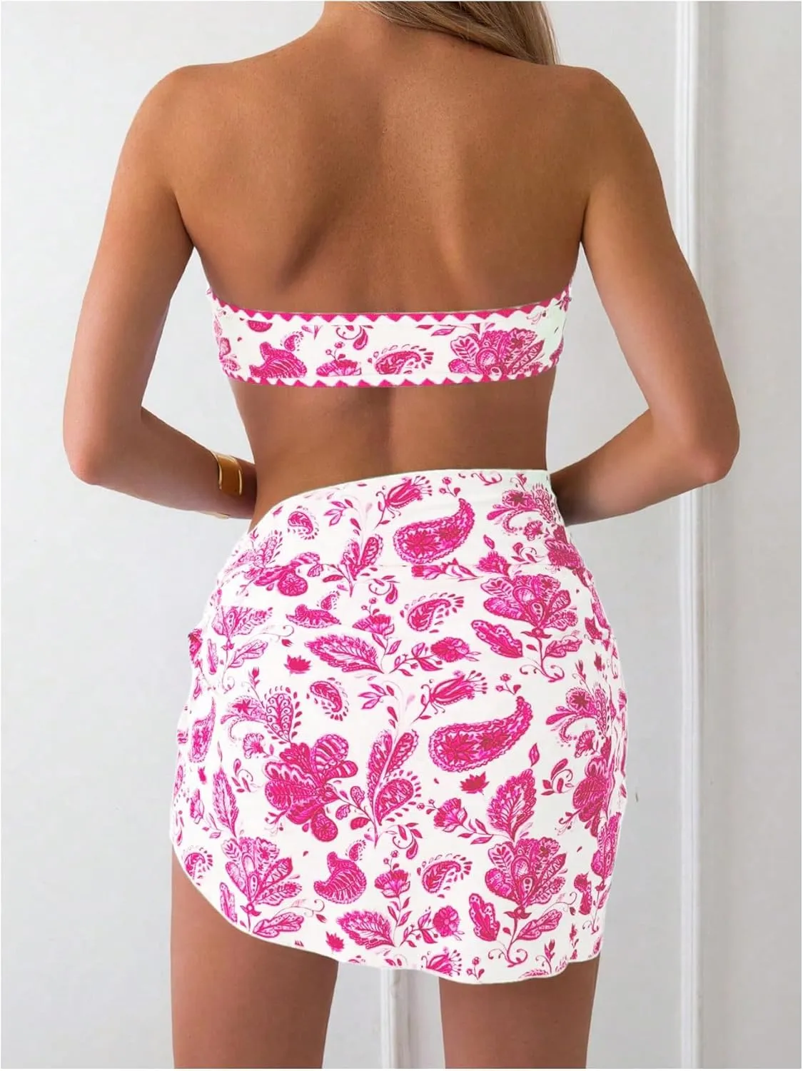 Verdusa Women's 3 Piece Floral Strapless Bikini Set Backless Bandeau Swimsuits with Cover Up Skirt