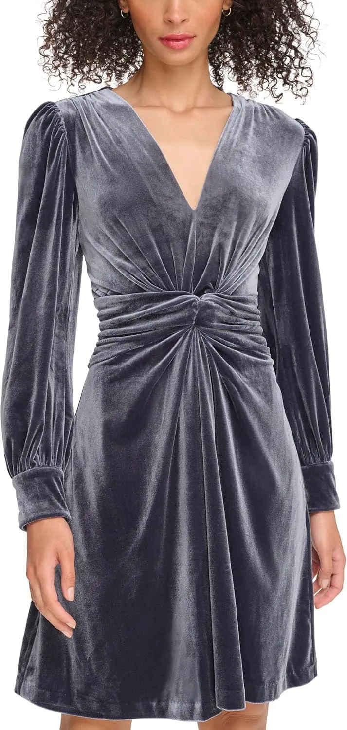 Vince Camuto Women's Velvet Twist Front V-Neck Fit & Flare with Long Sleeves