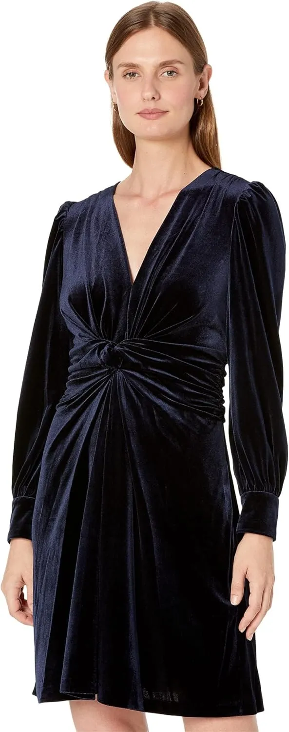 Vince Camuto Women's Velvet Twist Front V-Neck Fit & Flare with Long Sleeves