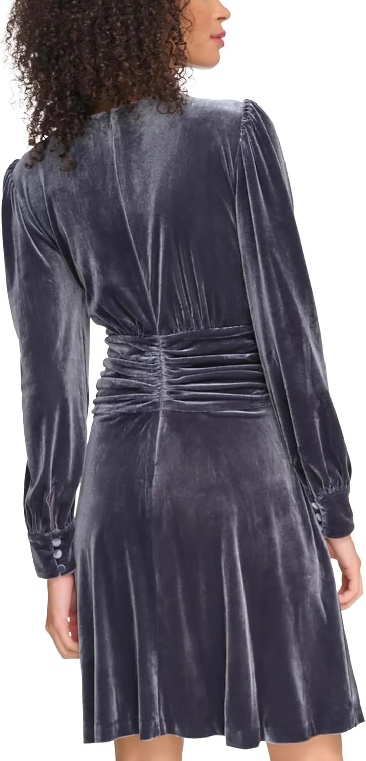 Vince Camuto Women's Velvet Twist Front V-Neck Fit & Flare with Long Sleeves