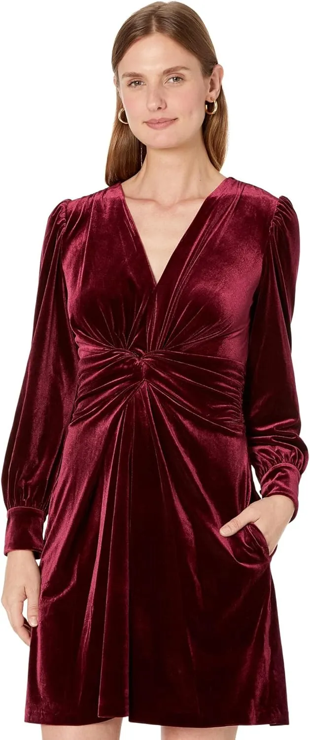 Vince Camuto Women's Velvet Twist Front V-Neck Fit & Flare with Long Sleeves