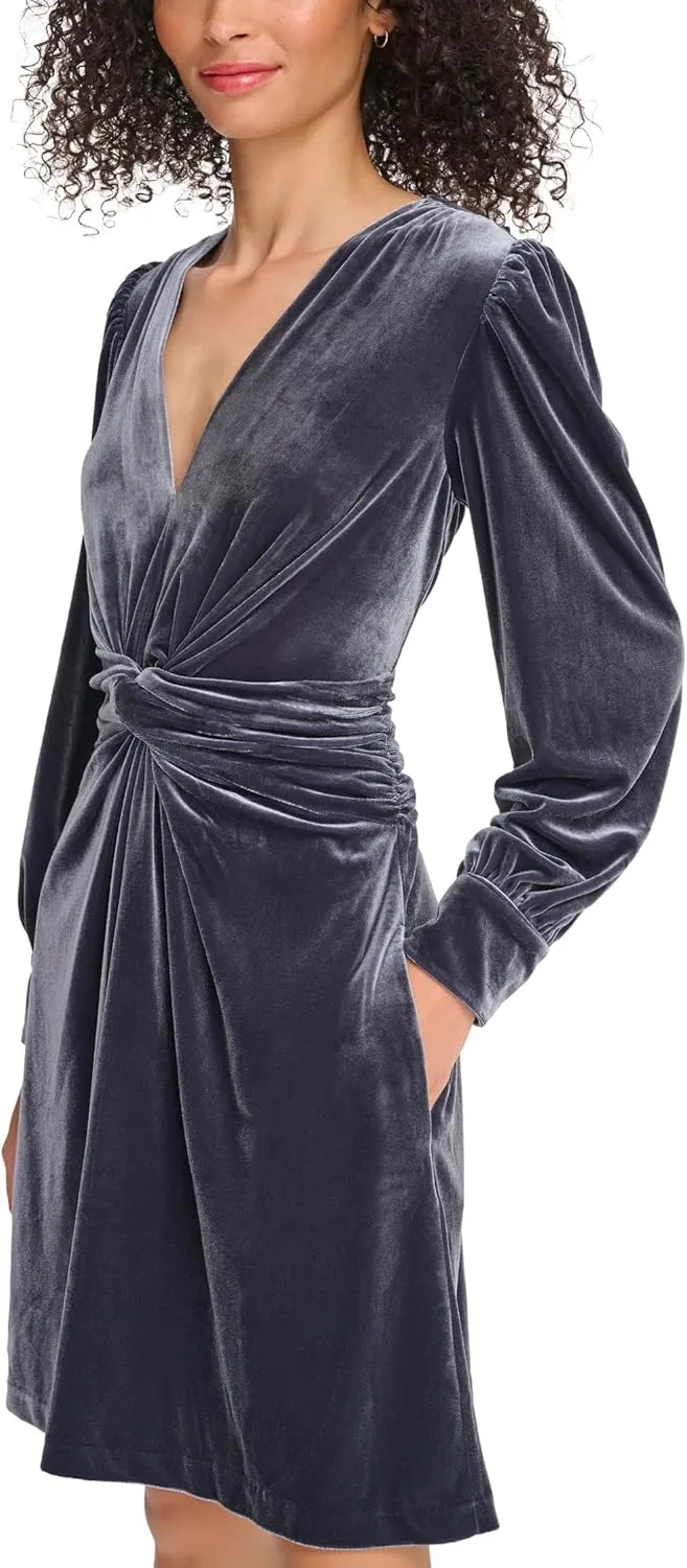 Vince Camuto Women's Velvet Twist Front V-Neck Fit & Flare with Long Sleeves