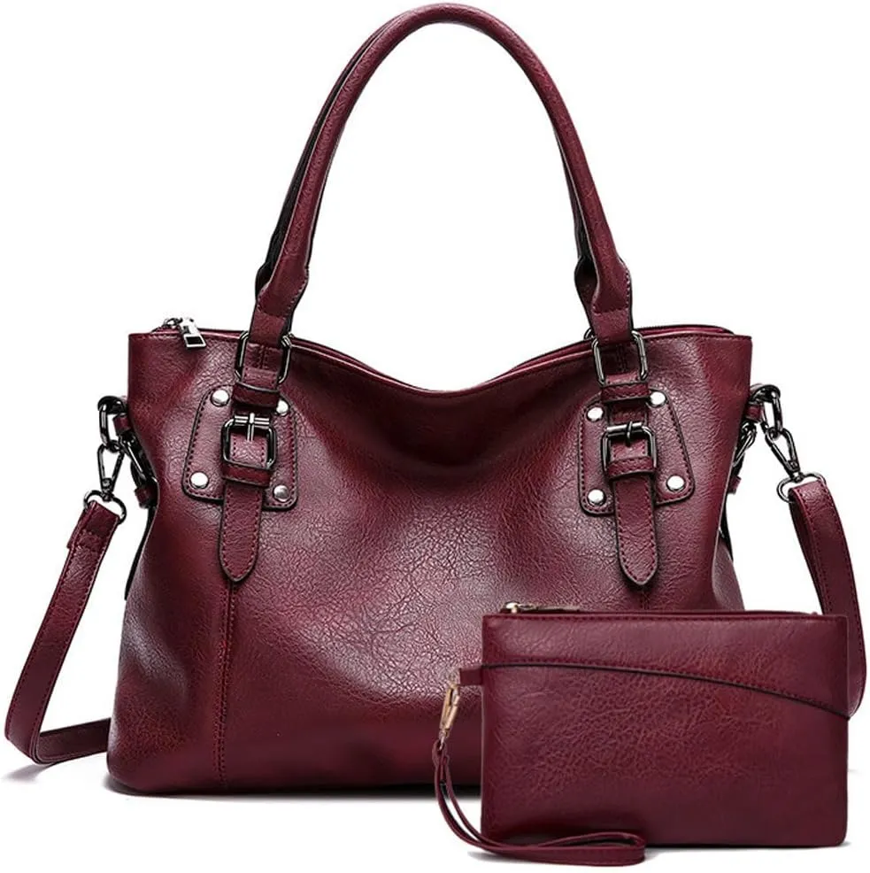 Vintage Tote Bag for Women PU Leather Shoulder Bags Hobo Bags Large Purse and Handbags Ladies Satchel Wallet 2Pcs Set