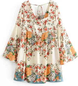 Vintage Women Floral Print Short Sleeve Ruffles Beach Bohemian Mini Dresses Loose Square Collar Rayon Cotton Dress