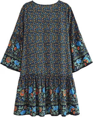 Vintage Women Tie Neck Ruffles Floral Print Beach Bohemian Mini Dress Summer Cotton Dresses Vestidos