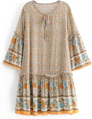 Vintage Women Tie Neck Ruffles Floral Print Beach Bohemian Mini Dress Summer Cotton Dresses Vestidos